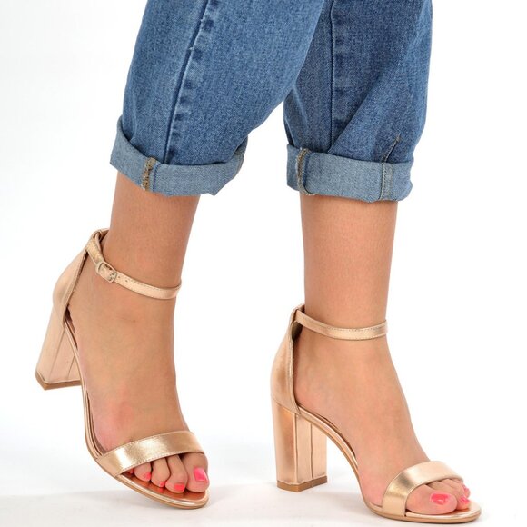 $10 SALE🎉🎉 RAMPAGE Metallic Rosegold NORMA Ankle Strap Open Toe Chunky Heels - Picture 1 of 8